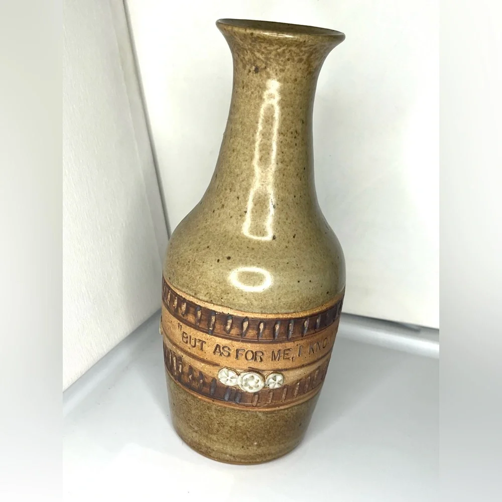 Ed Schrock 10” Pottery Vase w/ JOB 19:25 Bible Verse SIGNED Vintage